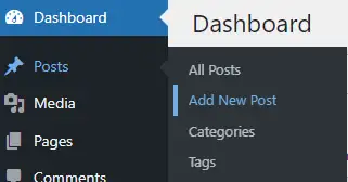 WordPress admin menu with Posts open and Add New Post highlighted