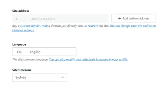 WordPress general settings: site address, language and timezone